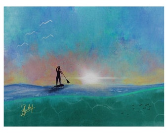 May include: A silhouette of a person paddleboarding on a turquoise body of water with a bright white sun in the distance. The sky is a gradient of blue, pink, and yellow.