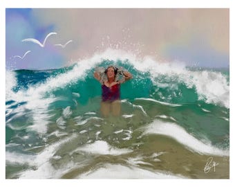 May include: An artistic depiction of a person in the ocean, framed by a breaking wave. The person is wearing a red swimsuit, with their arms raised. The water is a mix of turquoise and white, with seagulls in the sky. The overall theme is a beach scene.