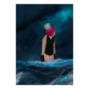 May include: An artistic rendering of a person in a black swimsuit and a pink and white hat, standing in blue water. The background is a dark, cloudy sky. The artwork has a painterly style with visible brushstrokes.