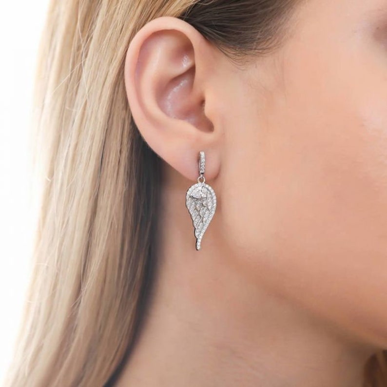 Angel Wings Necklace And Earring Set-925 Sterling Silver-Simulated Stone-Butterfly Backs-Necklace-Prong Set-Daily Wear-Earrings-Gift to Her