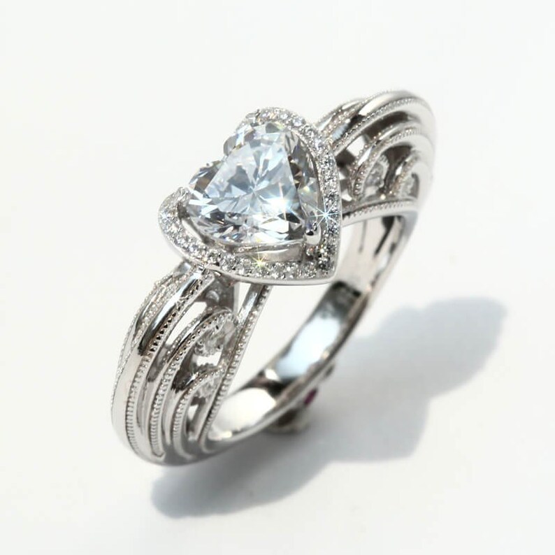 Solitaire Halo Statement Ring-Milgrain Art Work In Shank-925 Sterling Silver-High Quality Heart CZ-Engagement-Wedding-Anniversary Ring
