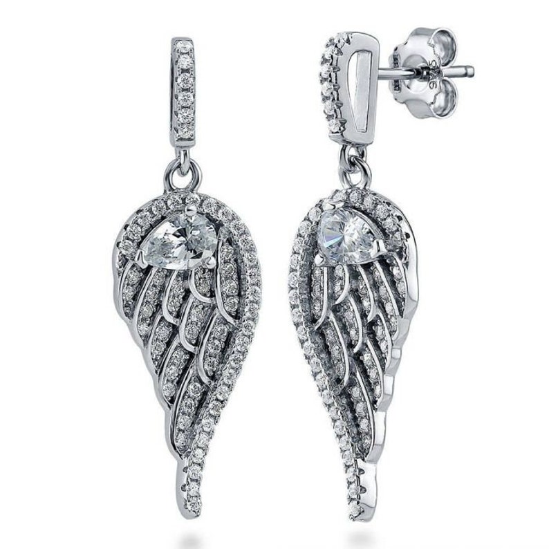 Angel Wings Necklace And Earring Set-925 Sterling Silver-Simulated Stone-Butterfly Backs-Necklace-Prong Set-Daily Wear-Earrings-Gift to Her