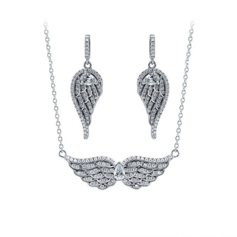 Angel Wings Necklace And Earring Set-925 Sterling Silver-Simulated Stone-Butterfly Backs-Necklace-Prong Set-Daily Wear-Earrings-Gift to Her