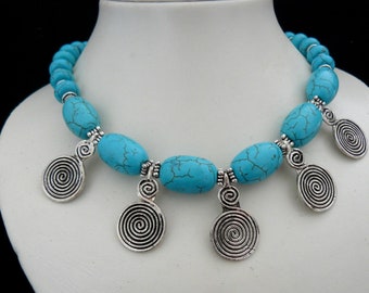 Turquoise spiral necklace, vintage necklace, African necklace.Berber necklace,Ethnic,tribal necklace, African Necklace, vintage turquoise 126 g