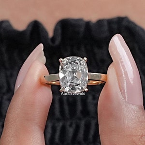 0.50 To 3.00 CT Elongated OMC Hidden Halo Ring / 14K Yellow Gold Old Mine Cushion Cut Lab Diamond Engagement Ring / Solitaire Ring For Wife