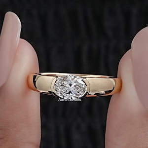 Oval Cut Lab Diamond Engagement Ring / East-West Set CVD Diamond Solitaire Ring / Conflict Free Diamond Half Bezel Set Ring For Wedding Gift