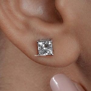 Princess Cut CVD Diamond Stud Earrings For Her / Claw Prong Set Lab Diamond Screw Back Earrings / Hand Made Diamond Everyday Earrings
