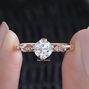 Old European Cut Round Lab Diamond Ring / Accent Set Eco Friendly Diamond Engagement Ring / 10K Rose Gold Diamond Bridal Ring / Wedding Gift