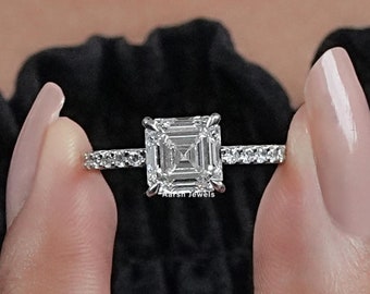 Lab Diamond Solitaire With Accent Wedding Ring / 0.50 To 3.00 CT Asscher Cut Man Made Diamond Engagement Ring / Promise Ring Gifts For Wife