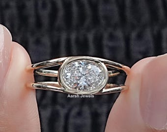 East West Set Oval Lab Diamond Engagement Ring / 10K Solid Gold Diamond Wedding Ring / Bezel Set Diamond Bridal Ring / Anniversary Gift