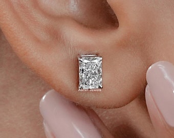Radiant Cut Lab Diamond Solitaire Stud Earrings / Claw Prong Set CVD Diamond Wedding Earrings / Hand Made Diamond Earrings For Her
