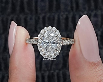 1.75 CT Oval Cut Lab Diamond Halo Engagement Ring / CVD Diamond Accent Ring / Hand Made Diamond Wedding Ring / Anniversary Gift For Wife