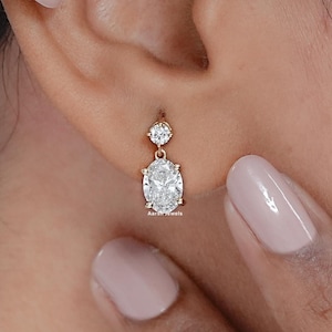 Oval Cut Lab Grown Diamond Dangle Drop Earrings / 18K Yellow Gold CVD Diamond Wedding Earrings / Conflict Free Diamond Earrings For Her