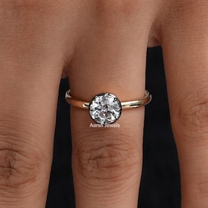 Old European Round Cut Lab Grown Diamond Ring / 14K Yellow Gold Solitaire Engagement Ring / Button Back Setting Ring / Custom Ring For Wife