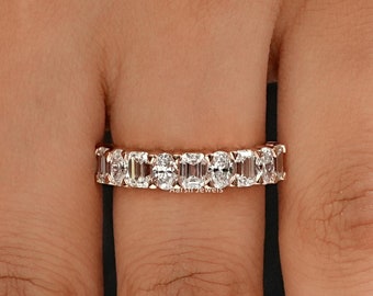 Oval & Emerald Cut Lab Grown Diamond Half Eternity Wedding Band / 14K Solid Rose Gold Matching Band / Stackable Engagement Band For Wife