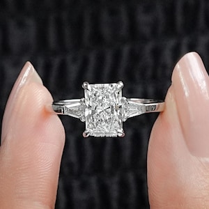 1.80 CT Radiant Cut Three Stone Engagement Ring / IGI Certified 14K White Gold Lab Grown Diamond Ring / Side Tapered Baguette Diamond Ring