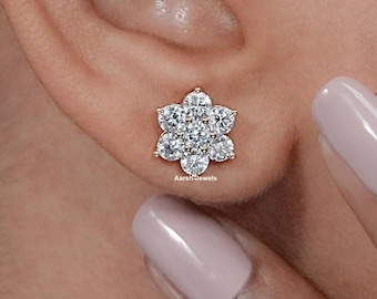 Round Cut CVD Diamond Flower Earrings / 18K Yellow Gold Conflict Free Diamond Stud Earrings For Her / Hand Made Diamond Screw Back Earrings