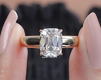 Old Mine Cushion Lab Diamond Solitaire Engagement Ring / Man Made Diamond Wedding Ring / 14K Yellow Gold Minimalist Jewelry / Gift For Her