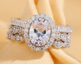 Oval Cut Moissanite Halo Engagement Ring / 14K White Gold Trio Wedding Ring Set / Full Eternity Art Deco Matching Band / Anniversary Gift