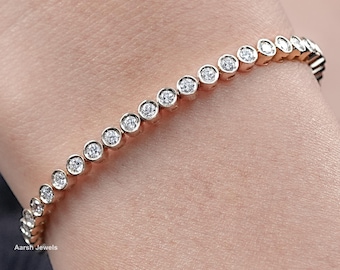 Round Lab Diamond Tennis Bracelet / Bezel Set Man Made Diamond Wedding Bracelet / 14K Solid Gold Diamond Box Clasp Bracelet / Bridal Gift