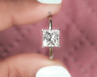 14K Solid White Gold Princess Cut Diamond Ring / Engagement Ring For Women / Lab Grown Diamond Ring / Wedding Gifts / Personalized Jewelry