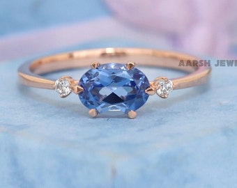 Blue Sapphire Gemstone Ring /Oval Cut September Birthstone Ring Available in 1 CT to 5 CT /Three Stone Moissanite Wedding 10K Rose Gold Ring