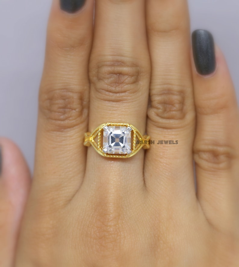 Gift for Her Art Deco Ring Yellow Gold Vintage Ring Asscher Diamond Ring,Simulated Diamond Wedding Ring Old Mine Asscher Diamond Ring