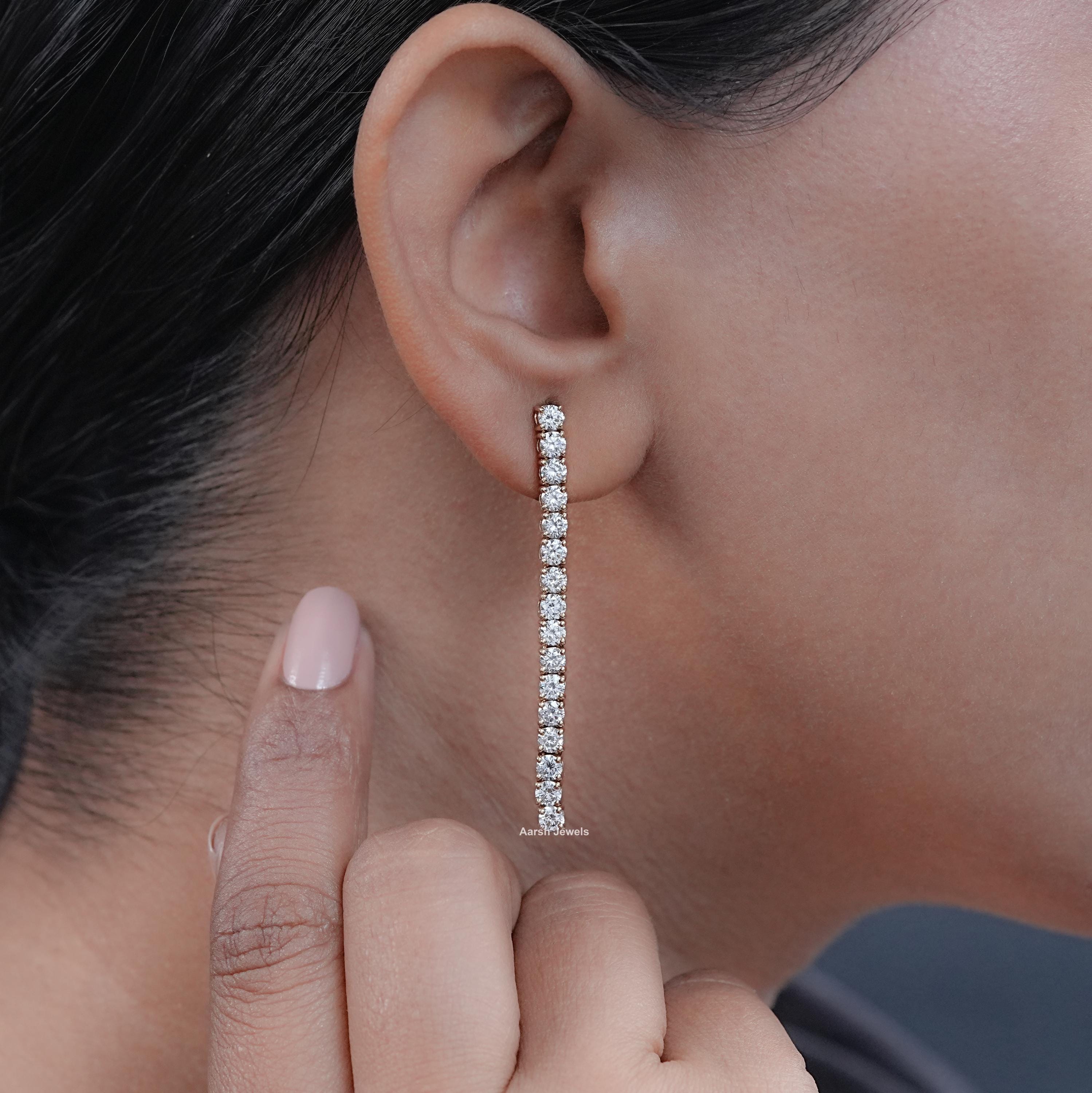 Round Cut Lab Grown Diamond Tennis Falling Earrings / EF-VS Diamond Linear Drop Earrings For Her / Conflict Free Diamond Drop Earrings