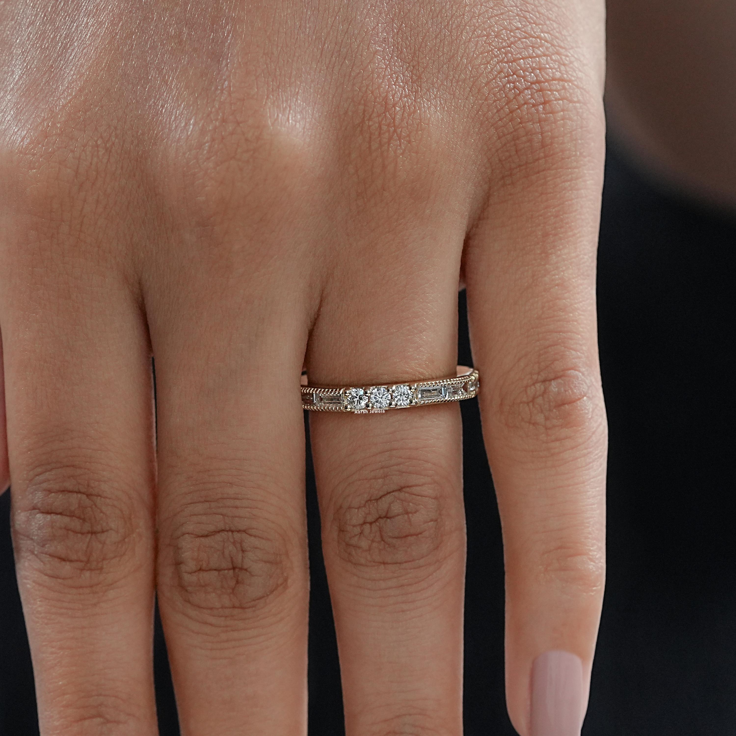 0.80 TCW Baguette & Tiny Round Cut Lab Grown Diamond Wedding Band / 10K ...