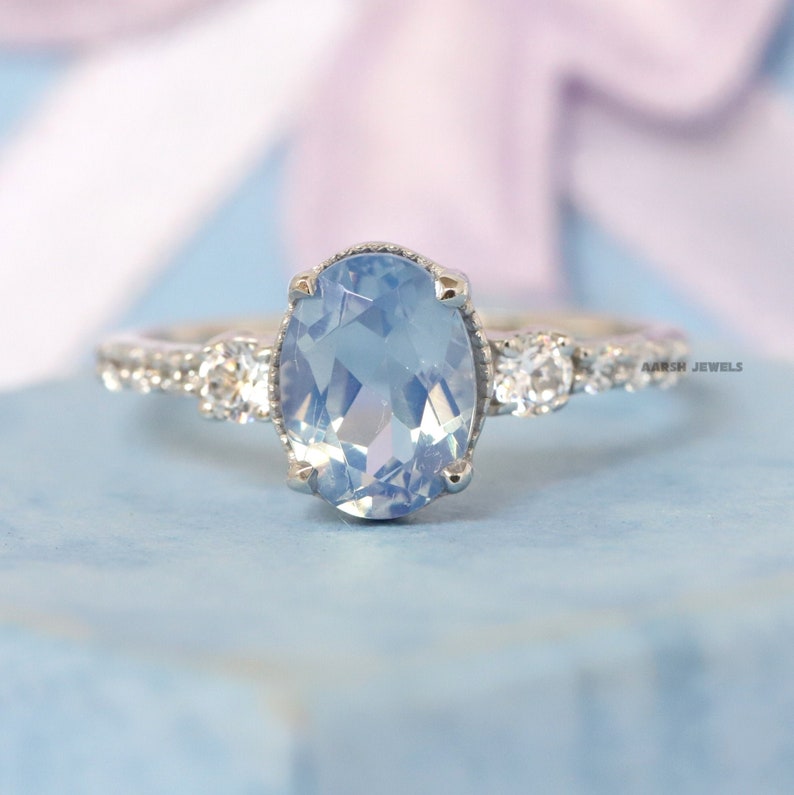 October Birthstone Ring Christmas Gift Blue Opal Gemstone Ring Oval Cut Opal Blue Gemstone Ring Solitaire Ring With Side Accent Stone