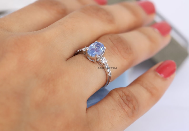 October Birthstone Ring Christmas Gift Blue Opal Gemstone Ring Oval Cut Opal Blue Gemstone Ring Solitaire Ring With Side Accent Stone