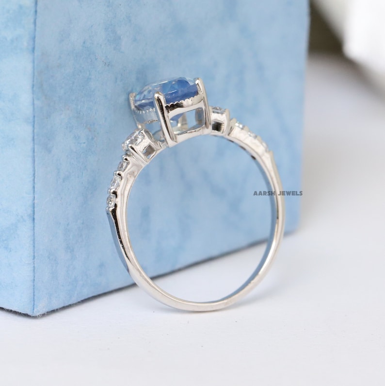 October Birthstone Ring Christmas Gift Blue Opal Gemstone Ring Oval Cut Opal Blue Gemstone Ring Solitaire Ring With Side Accent Stone