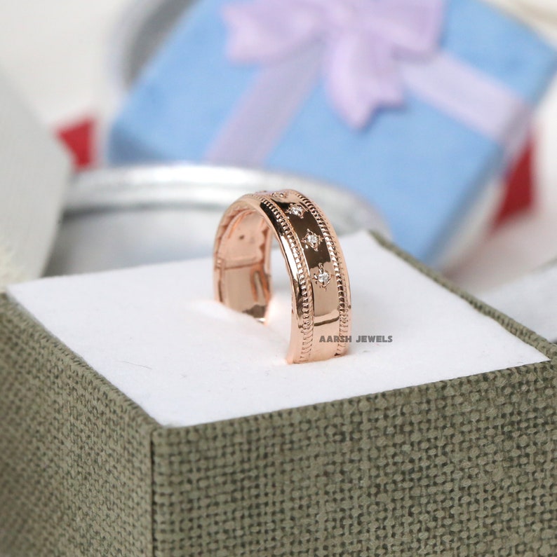 Simulated Diamond Filigree Band Rose Gold Wedding Band Engagement Gift for Her Matching Band Promise Ring Gift For Her