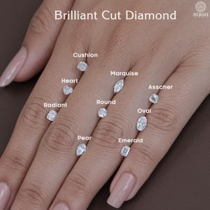 Diamond shape guide showcasing popular brilliant-cut styles including Round, Oval, Pear, Cushion, Emerald, Asscher, Marquise, Heart, and Radiant cuts on a hand.