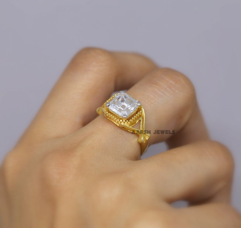 Gift for Her Art Deco Ring Yellow Gold Vintage Ring Asscher Diamond Ring,Simulated Diamond Wedding Ring Old Mine Asscher Diamond Ring