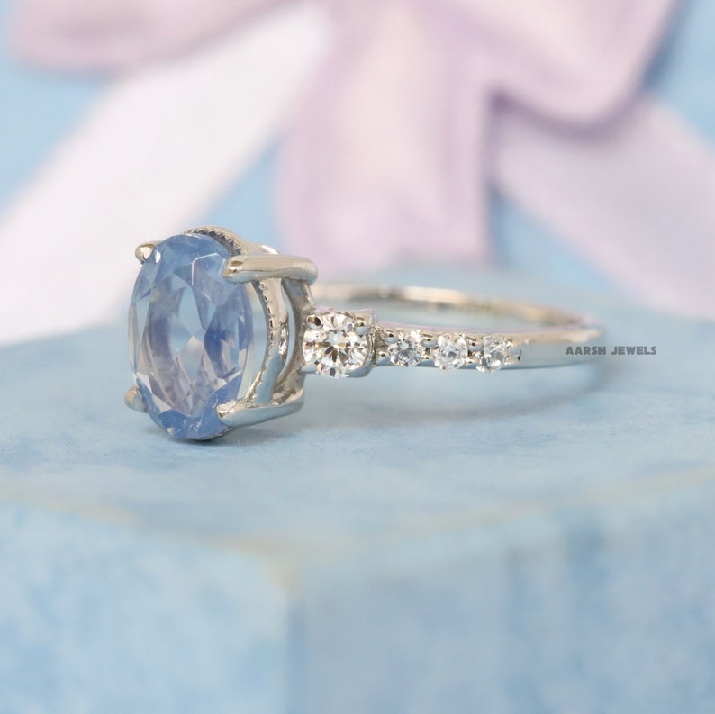 October Birthstone Ring Christmas Gift Blue Opal Gemstone Ring Oval Cut Opal Blue Gemstone Ring Solitaire Ring With Side Accent Stone