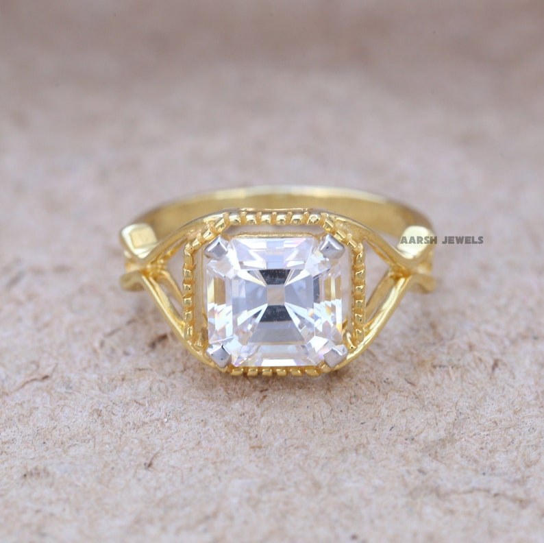 Gift for Her Art Deco Ring Yellow Gold Vintage Ring Asscher Diamond Ring,Simulated Diamond Wedding Ring Old Mine Asscher Diamond Ring