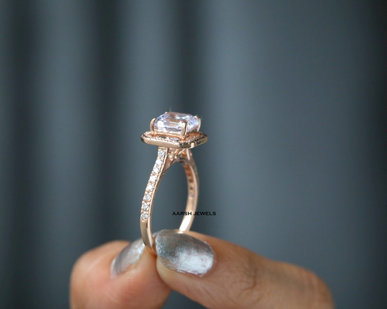 Asscher Cut 3.00CT Simulated Diamond Halo Wedding Rose Gold Ring,Halo With Accented Ring,Engagement Ring,Anniversary Ring,Friendshipday Gift