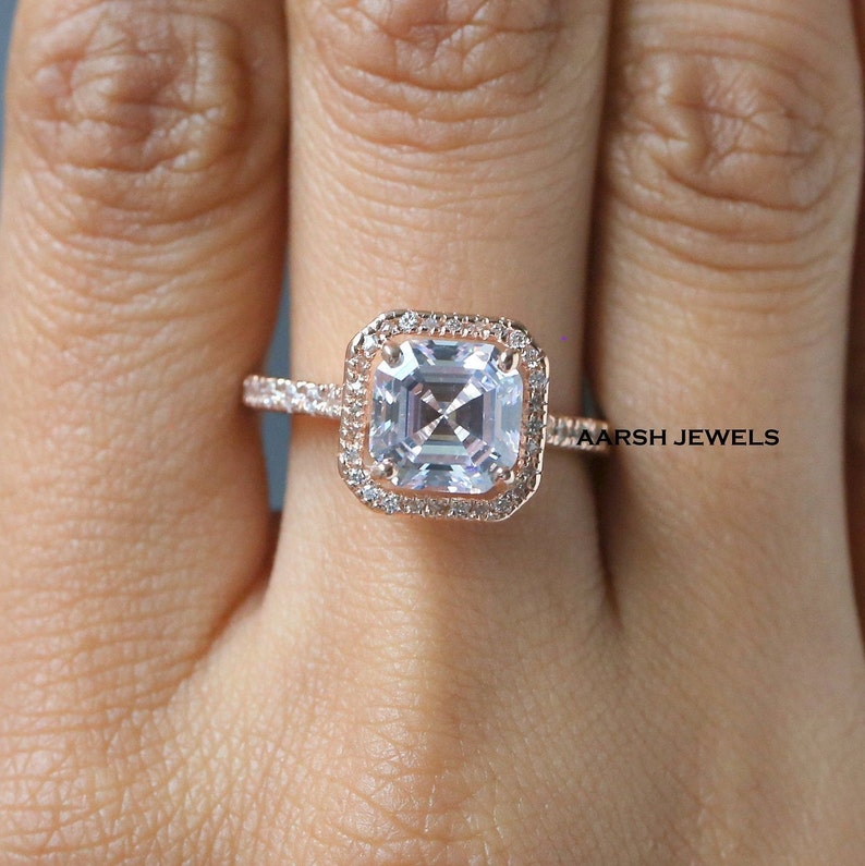 Asscher Cut 3.00CT Simulated Diamond Halo Wedding Rose Gold Ring,Halo With Accented Ring,Engagement Ring,Anniversary Ring,Friendshipday Gift