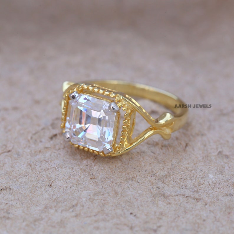 Gift for Her Art Deco Ring Yellow Gold Vintage Ring Asscher Diamond Ring,Simulated Diamond Wedding Ring Old Mine Asscher Diamond Ring