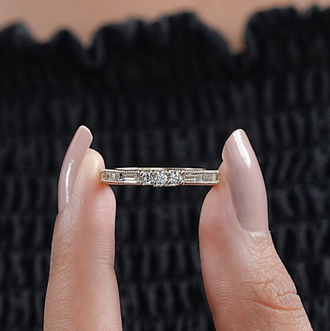 0.80 TCW Baguette & Tiny Round Cut Lab Grown Diamond Wedding Band / 10K ...