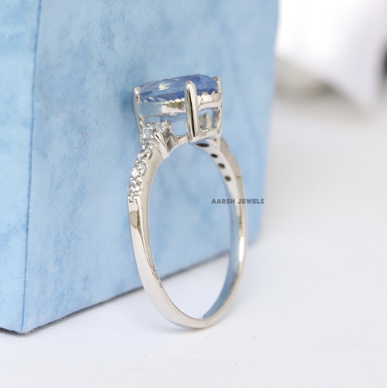 October Birthstone Ring Christmas Gift Blue Opal Gemstone Ring Oval Cut Opal Blue Gemstone Ring Solitaire Ring With Side Accent Stone