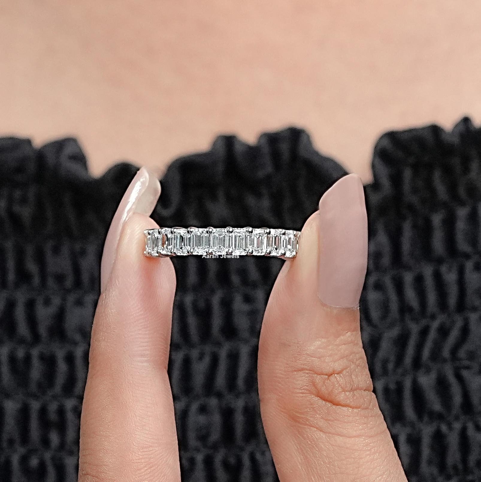 Emerald Cut Lab Grown Diamond Wedding Band / 10K White Gold Half Eternity Stackable Matching Band For Women / Minimalist Promise Band