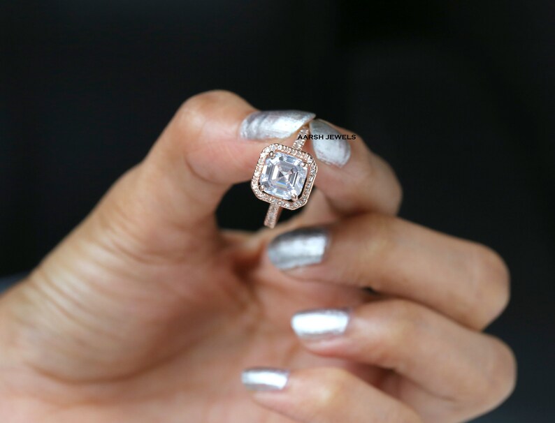 Asscher Cut 3.00CT Simulated Diamond Halo Wedding Rose Gold Ring,Halo With Accented Ring,Engagement Ring,Anniversary Ring,Friendshipday Gift