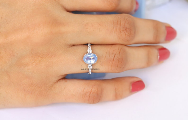 October Birthstone Ring Christmas Gift Blue Opal Gemstone Ring Oval Cut Opal Blue Gemstone Ring Solitaire Ring With Side Accent Stone