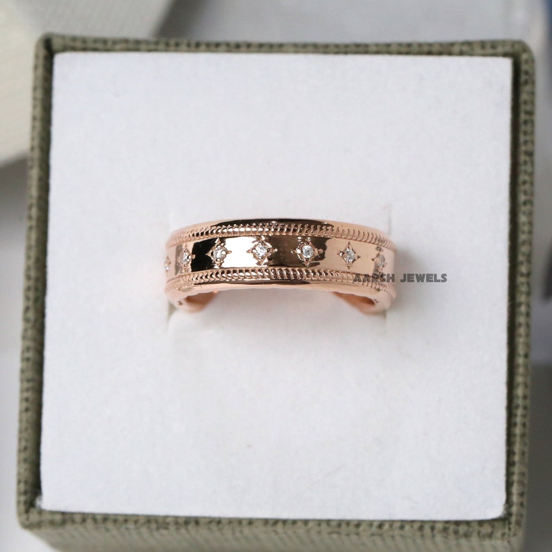Simulated Diamond Filigree Band Rose Gold Wedding Band Engagement Gift for Her Matching Band Promise Ring Gift For Her