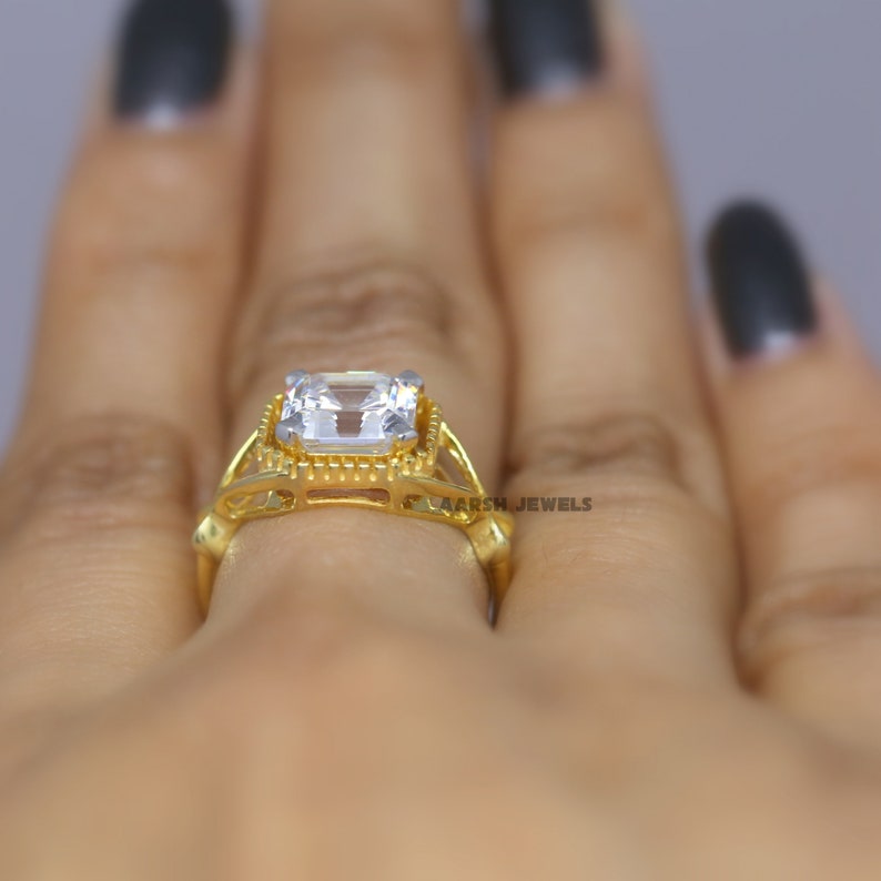 Gift for Her Art Deco Ring Yellow Gold Vintage Ring Asscher Diamond Ring,Simulated Diamond Wedding Ring Old Mine Asscher Diamond Ring