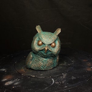 Great horned owl bronze finish sculpture, shelf art, bust.