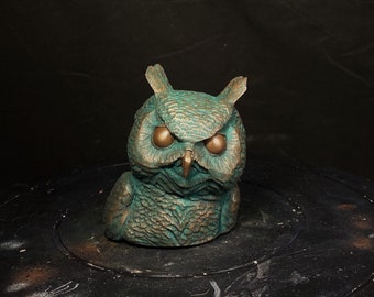 Great horned owl bronze finish sculpture, shelf art, bust.