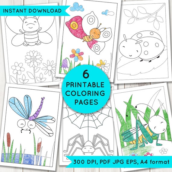 Coloring Pages With Butterfly Bee Dragonfly Grasshoper Etsy